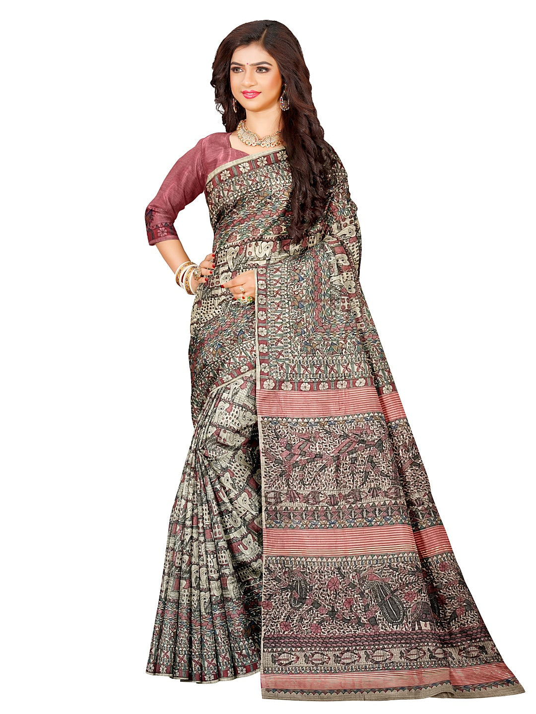 All-Over Handpainted Madhubani Saree on Desi Tussar Silk - Elephant Motifs